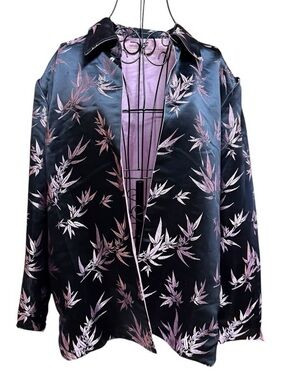 Black Satin Floral Kimono Jacket with Pink Leaf Print- Reversible XL